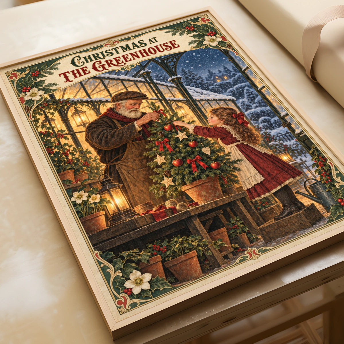 Christmas Greenhouse Vintage Poster, Victorian Holiday Wall Art, Festive Winter Print