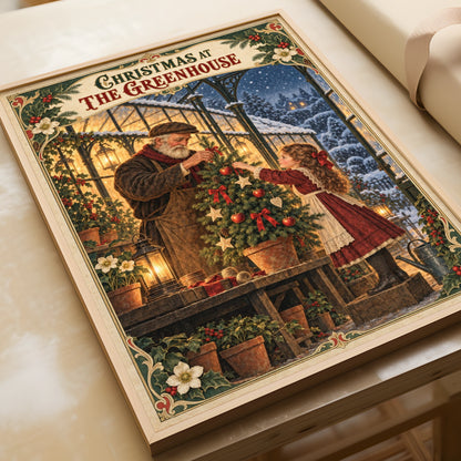 Christmas Greenhouse Vintage Poster, Victorian Holiday Wall Art, Festive Winter Print