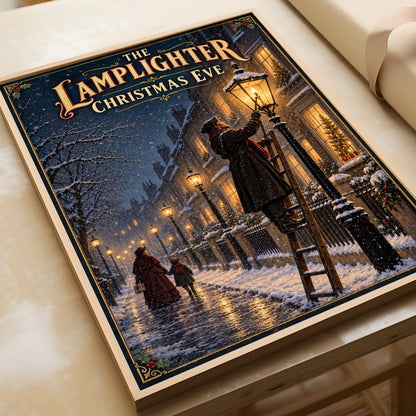 Victorian Christmas Eve Poster, Lamplighter Snow Street Wall Art, Dickensian Festive Print