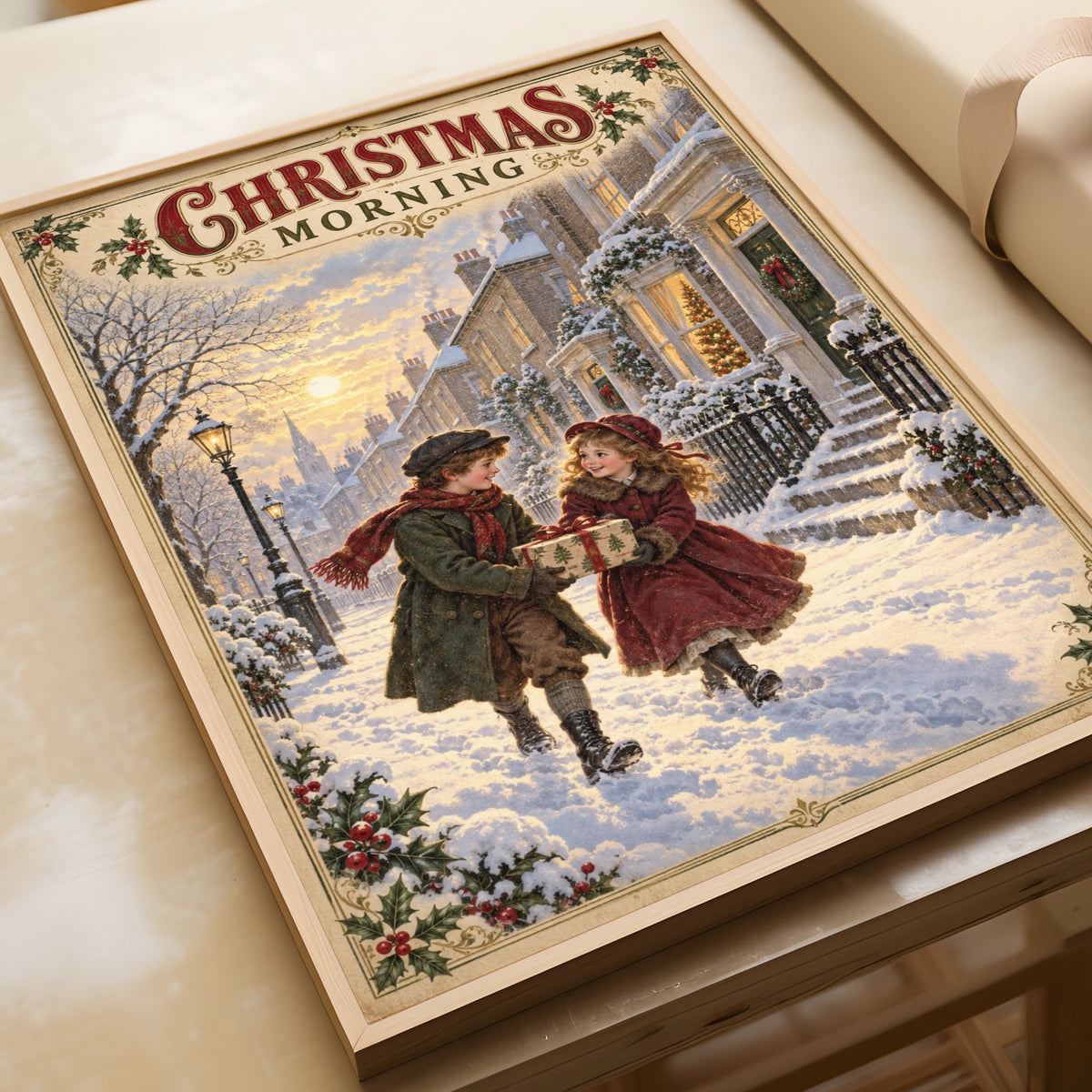 Victorian Christmas Morning Street Scene Poster, Vintage Snowy Children Wall Art Print