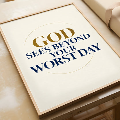 God Sees Beyond Your Worst Day Christian Poster, Faith Wall Art, Navy Gold Print