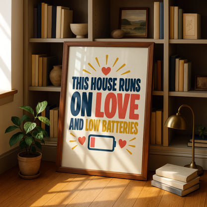 This House Runs On Love And Low Batteries Funny Quote Print, Home Humour Wall Art