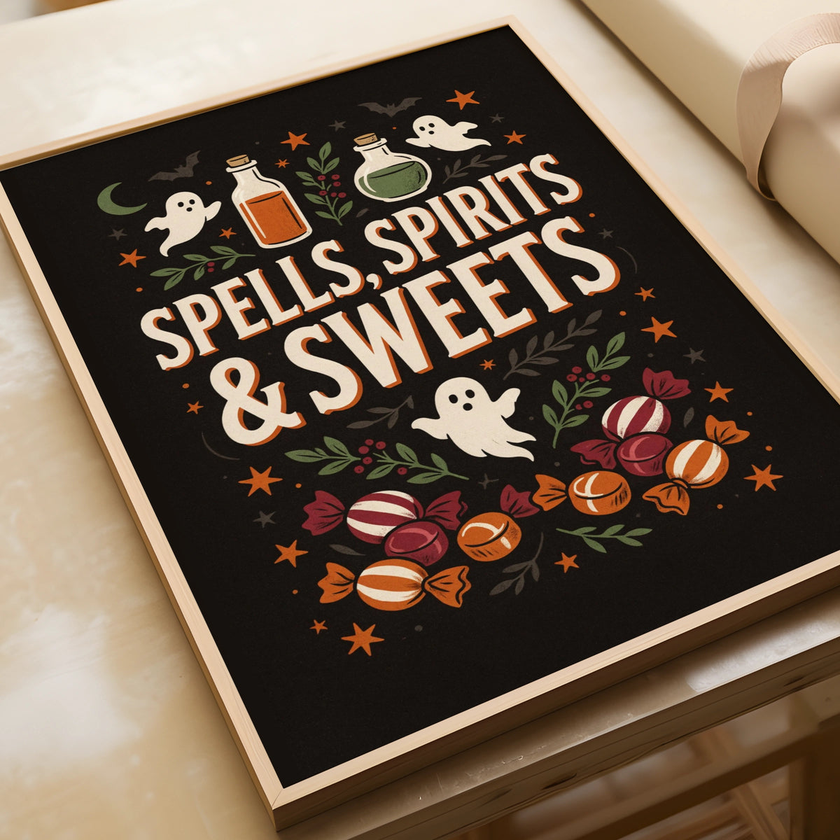 Spells Spirits and Sweets Halloween Poster, Witchy Ghost Wall Art, Dark Retro Print