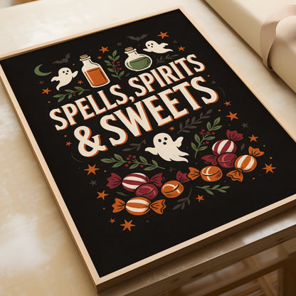 Spells Spirits and Sweets Halloween Poster, Witchy Ghost Wall Art, Dark Retro Print
