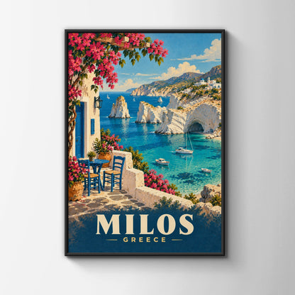 Milos Greece Travel Poster, Greek Island Wall Art, Mediterranean Sea Print, Vintage Style