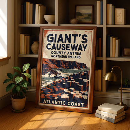 Giant's Causeway Poster, Northern Ireland Vintage Travel Print, County Antrim Wall Art