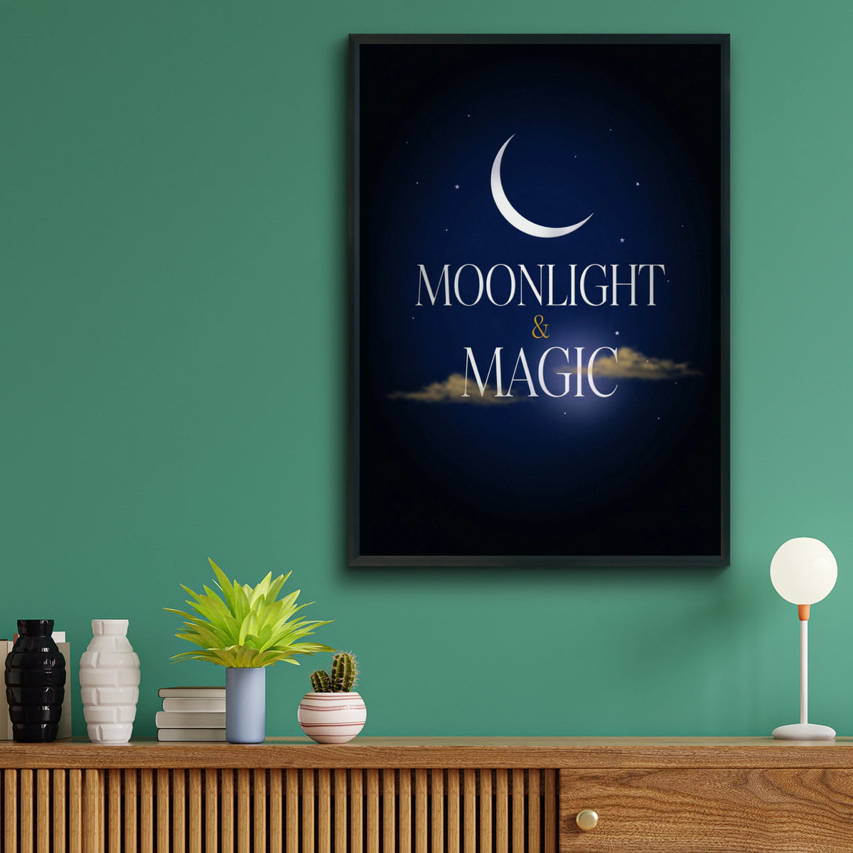Moonlight and Magic Celestial Poster, Crescent Moon Night Sky Wall Art Print