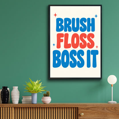 Brush Floss Boss It Bathroom Poster, Funny Dental Wall Art, Kids Retro Print