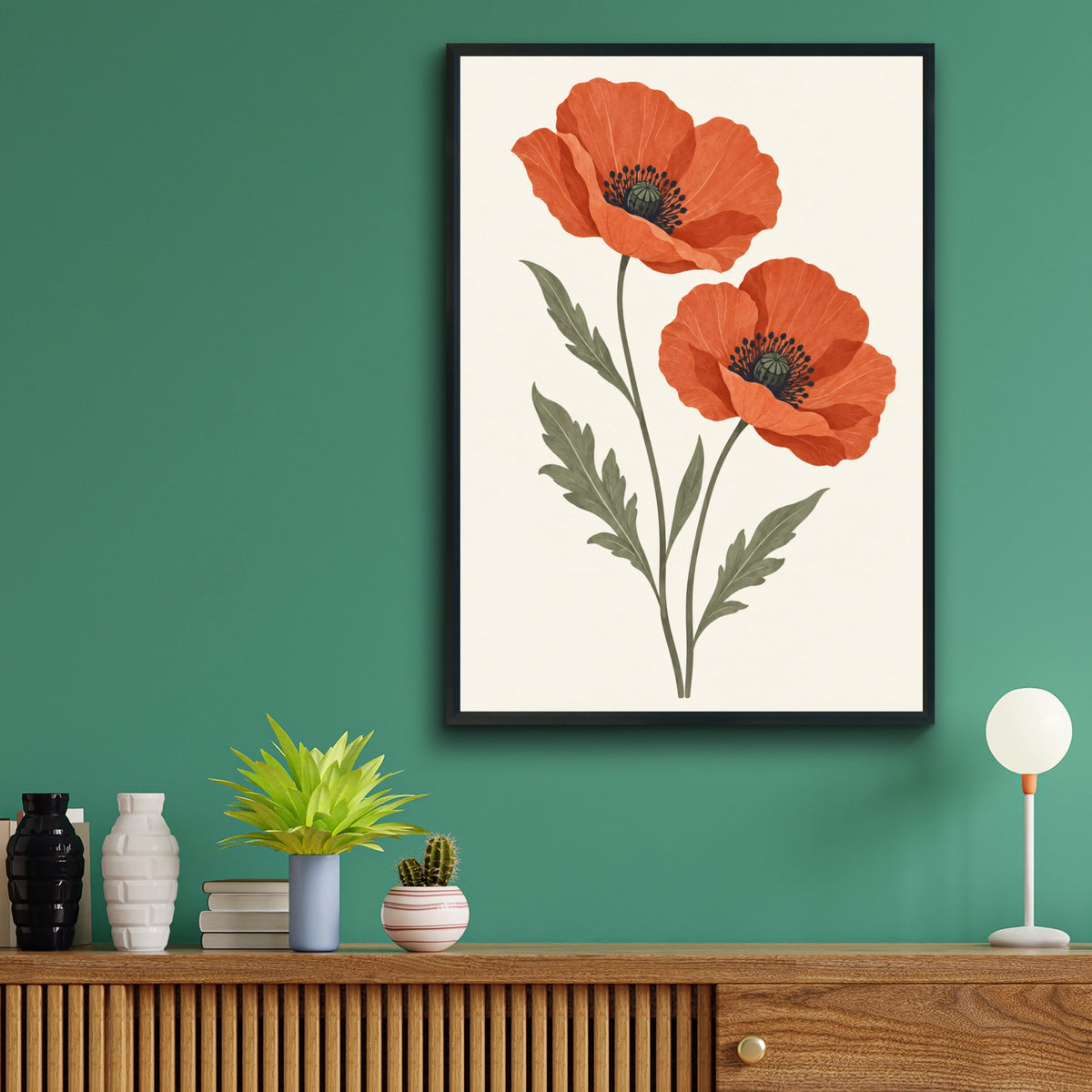 Wild Poppy Pair Botanical Print, Red Poppy Flower Wall Art, Minimalist Floral Poster