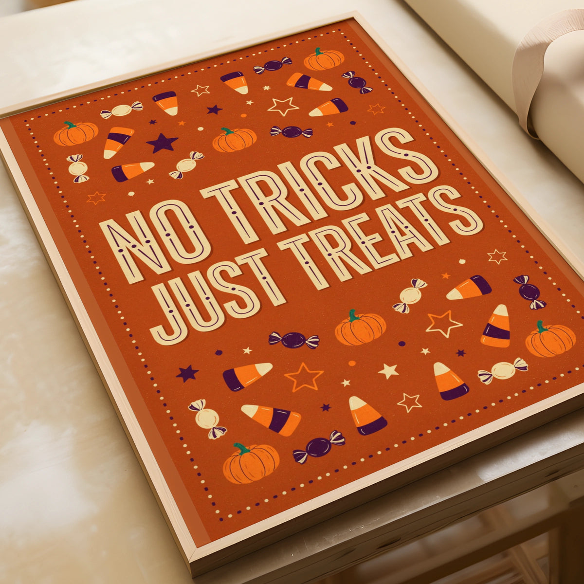 No Tricks Just Treats Halloween Poster, Candy Corn Pumpkin Orange Wall Art Print