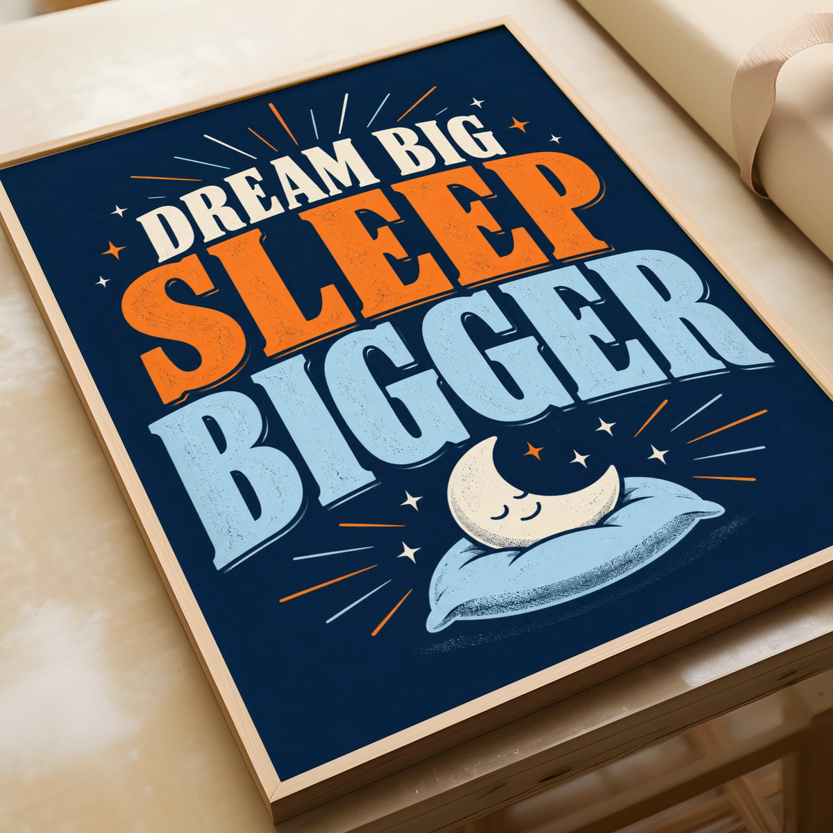 Dream Big Sleep Bigger Poster, Funny Bedroom Wall Art, Navy Blue Quote Print