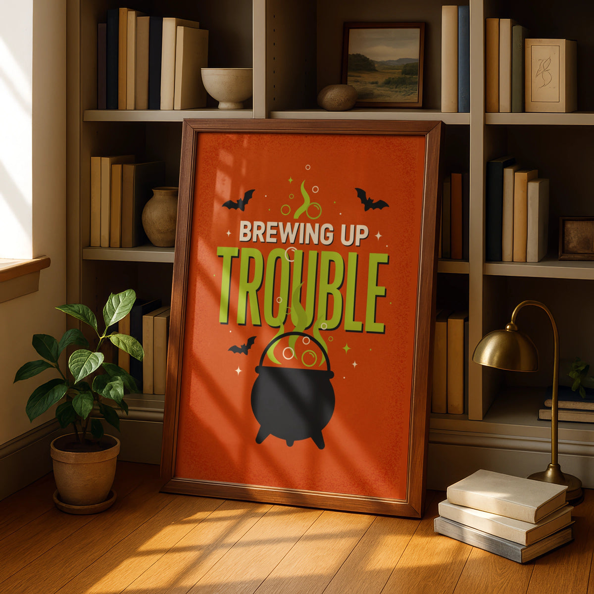 Brewing Up Trouble Halloween Poster, Witch Cauldron Wall Art, Spooky Orange Print