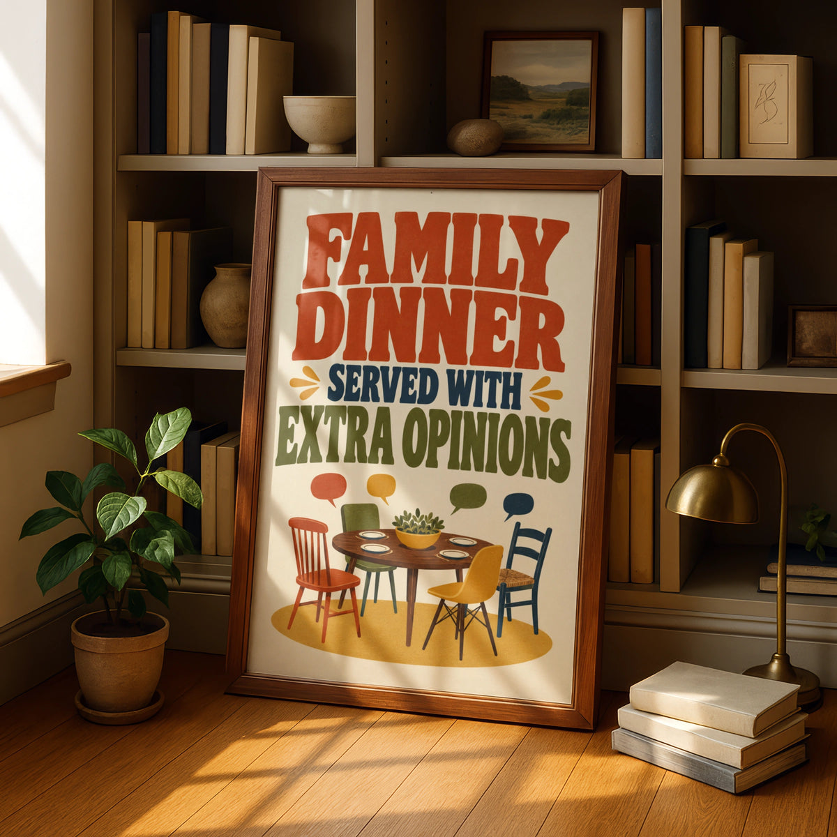 Family Dinner Served With Extra Opinions, Funny Kitchen Poster, Retro Dining Room Wall Art
