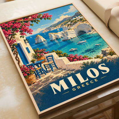 Milos Greece Travel Poster, Greek Island Wall Art, Mediterranean Sea Print, Vintage Style