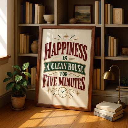 Happiness Is A Clean House For Five Minutes, Funny Home Humour Quote Print