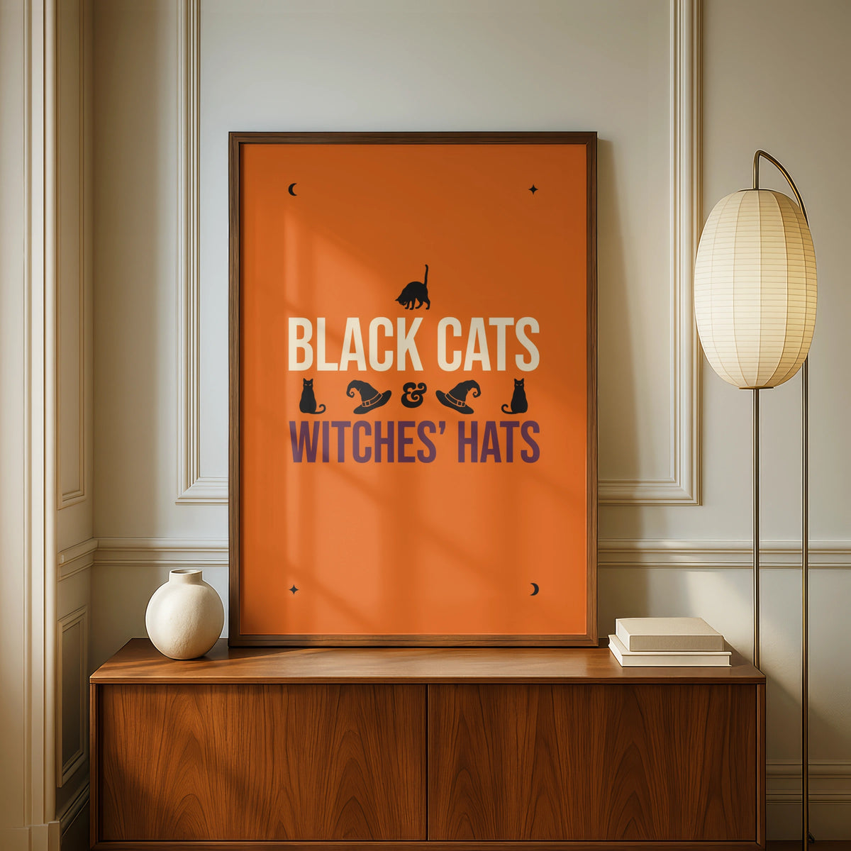Black Cats and Witches Hats Halloween Poster, Orange Spooky Wall Art Print