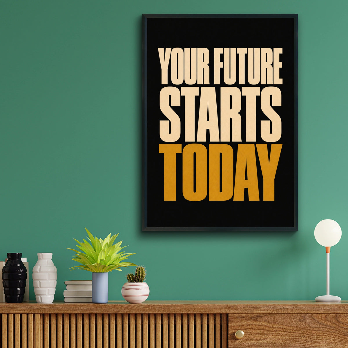 Your Future Starts Today Motivational Quote Poster, Black Gold Bold Typography Wall Art
