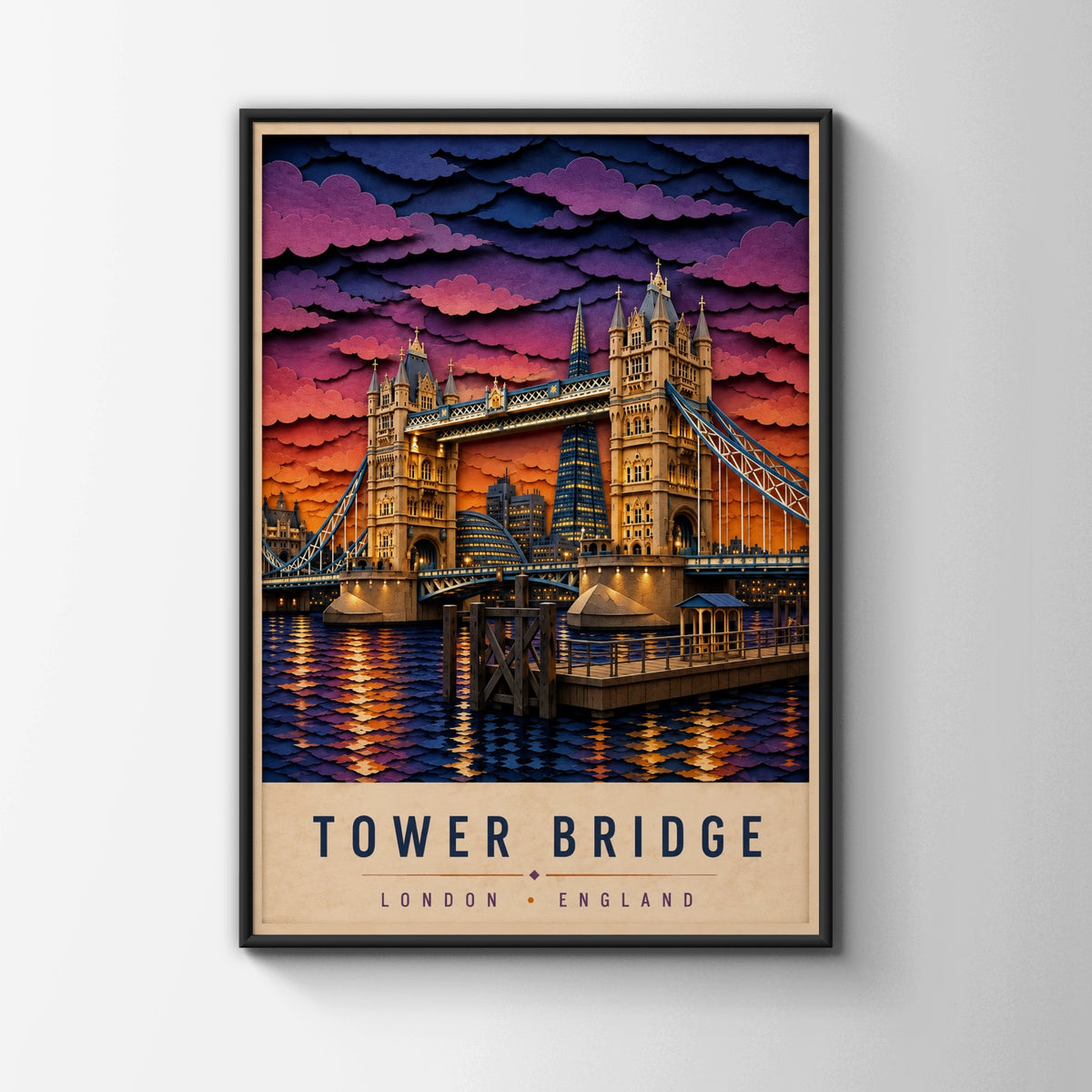 Tower Bridge London Poster, Paper Cut Art Print, England Travel Wall Decor