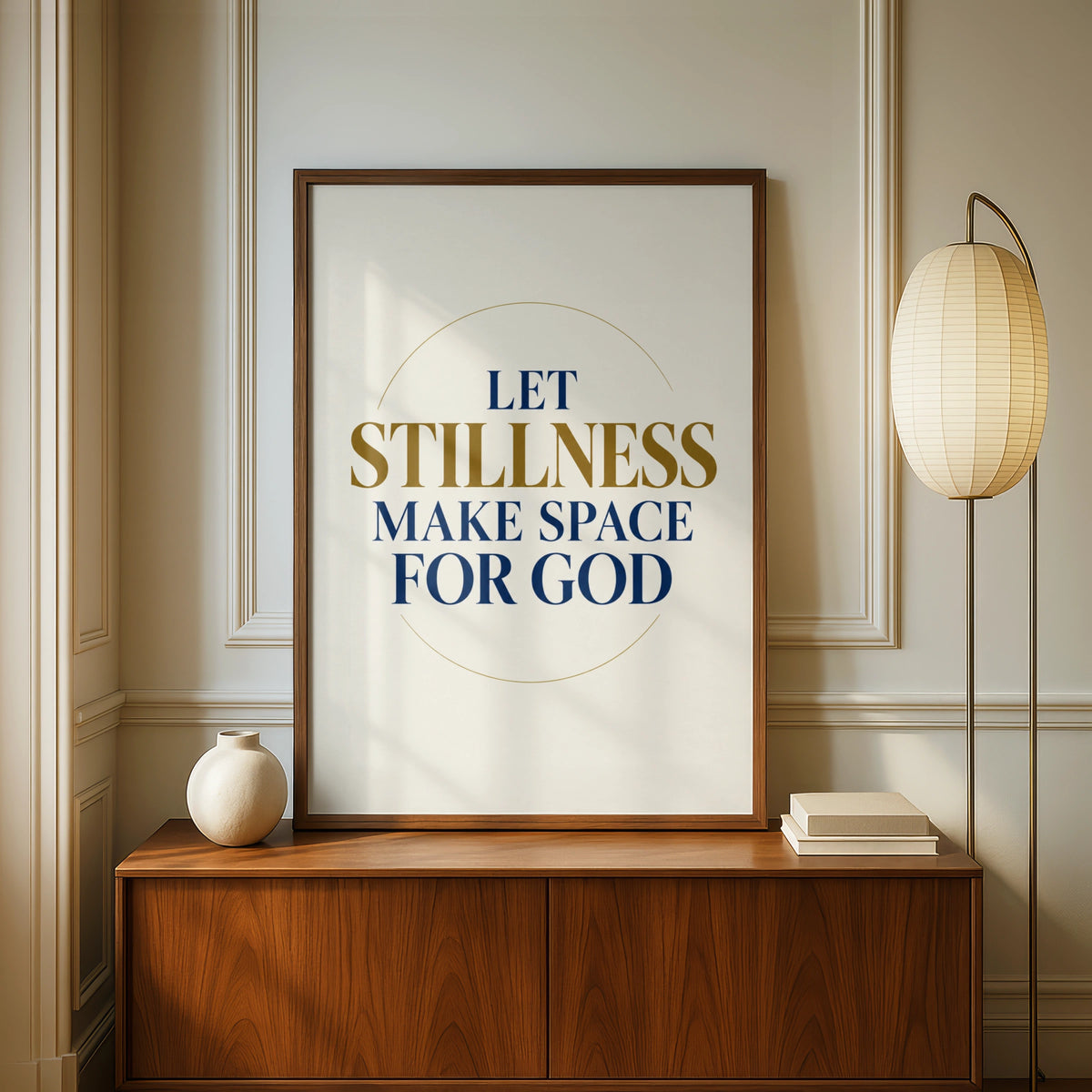 Let Stillness Make Space For God Poster, Christian Faith Wall Art, Navy Gold Quote Print
