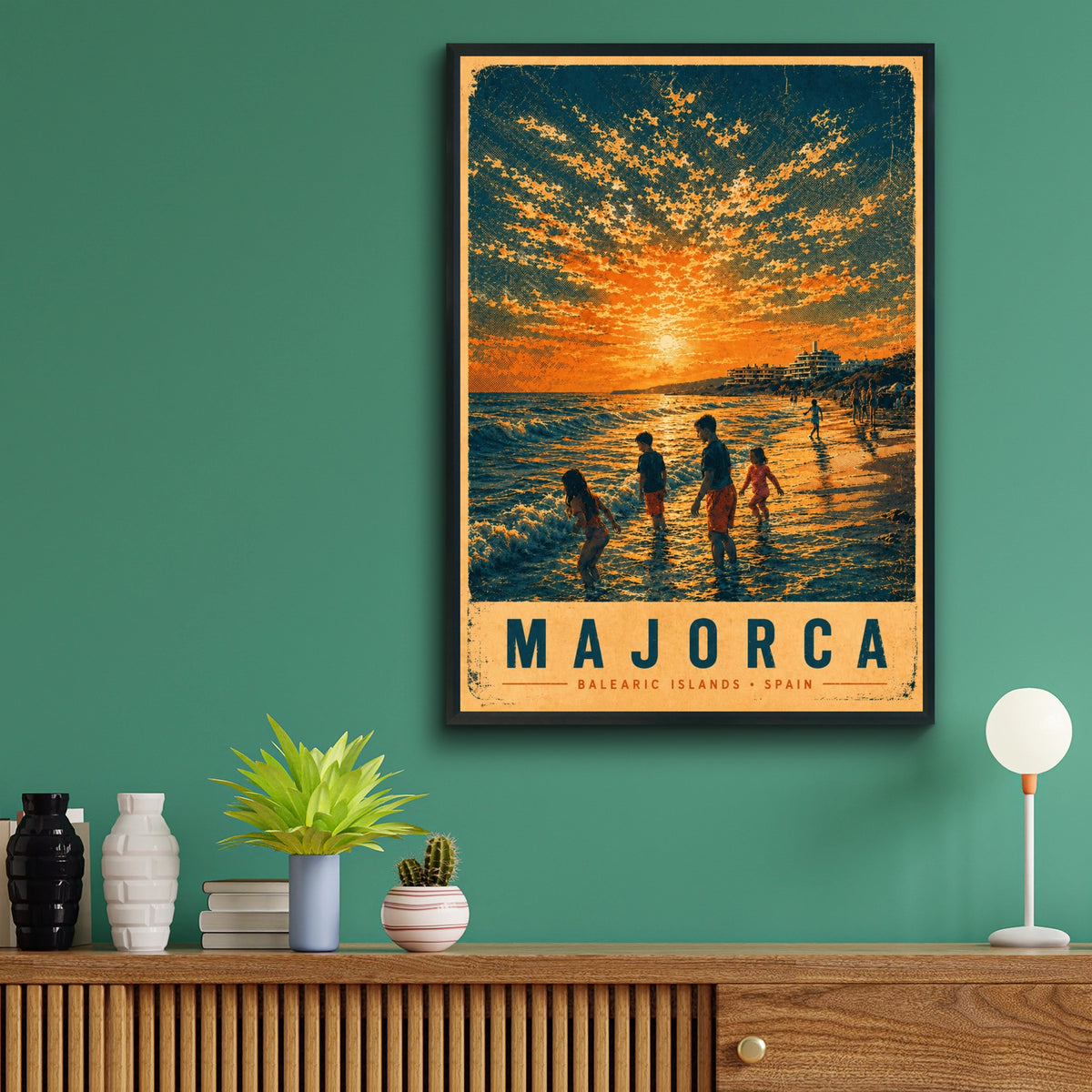 Majorca Vintage Travel Poster, Balearic Islands Spain Beach Sunset Wall Art Print