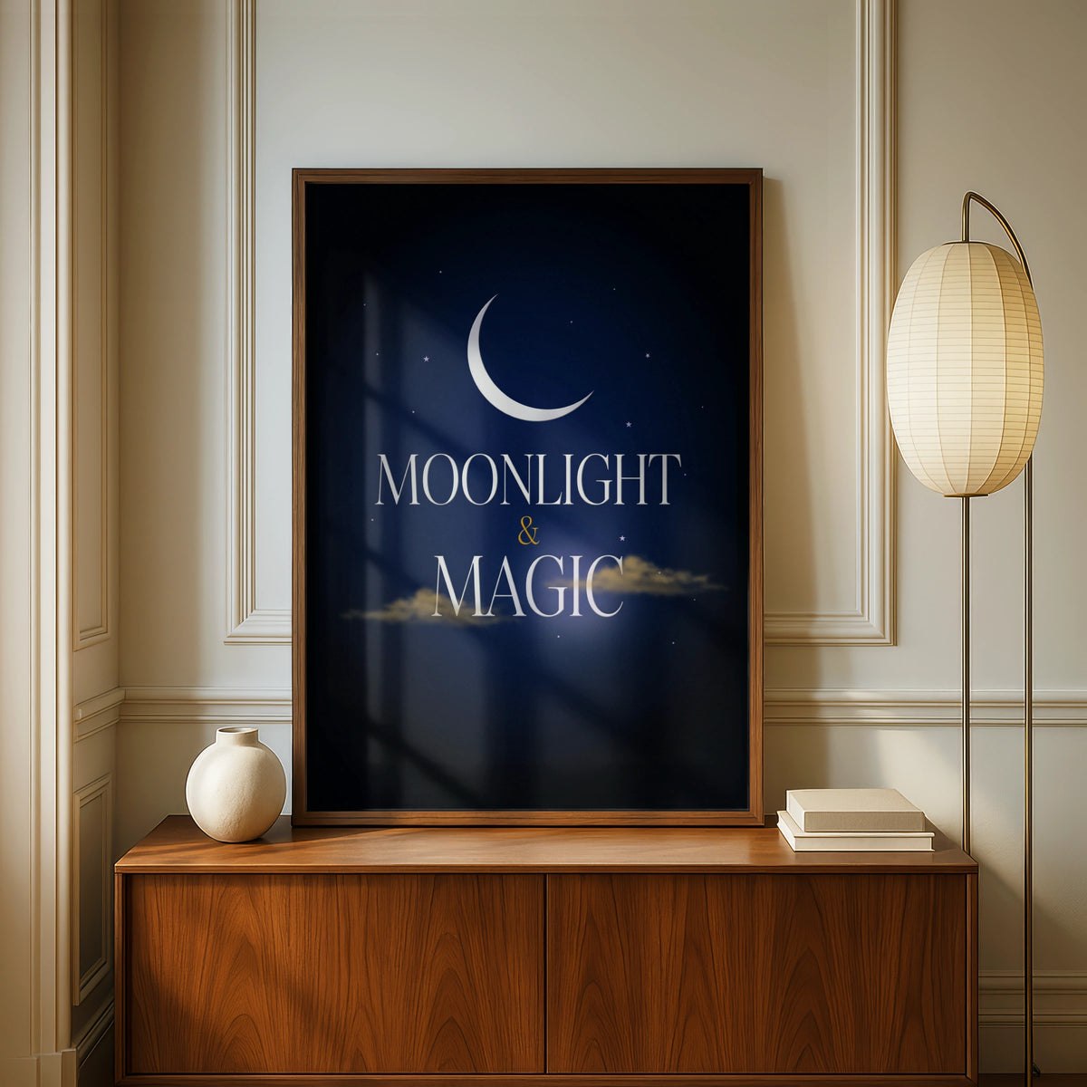 Moonlight and Magic Celestial Poster, Crescent Moon Night Sky Wall Art Print