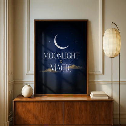 Moonlight and Magic Celestial Poster, Crescent Moon Night Sky Wall Art Print