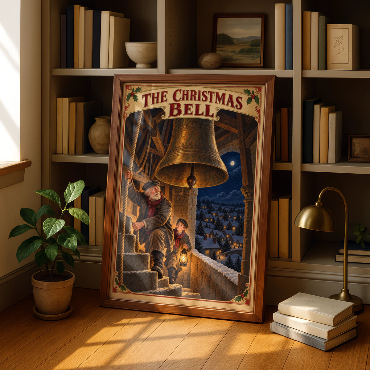 Victorian Christmas Bell Tower Poster, Vintage Festive Wall Art, Snowy Village Print