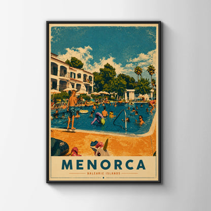 Menorca Poster, Balearic Islands Retro Travel Print, Spain Pool Summer Wall Art