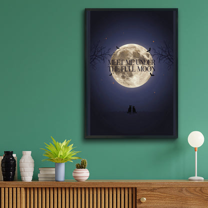 Meet Me Under The Full Moon Poster, Black Cat Halloween Wall Art, Spooky Night Print
