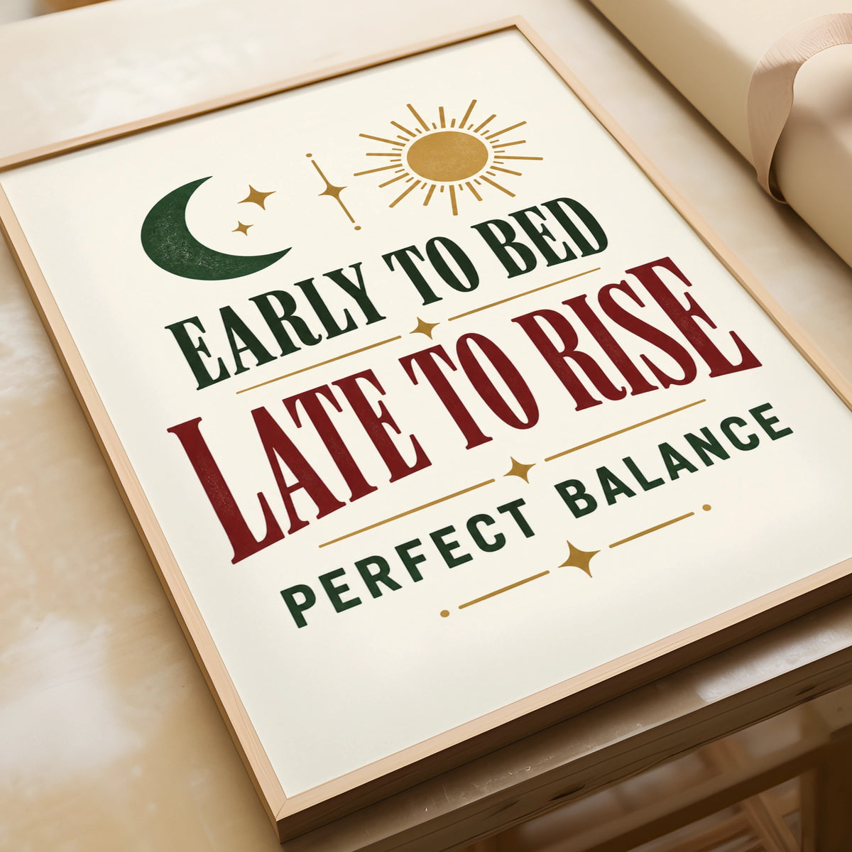 Early to Bed Late to Rise Funny Quote Poster, Sun Moon Wall Art, Bedroom Print