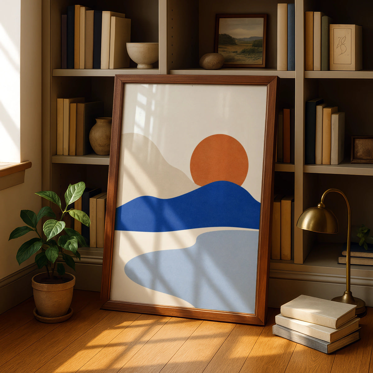Cobalt Horizon Abstract Landscape Print, Minimalist Sunset Wall Art, Blue Orange Boho Poster