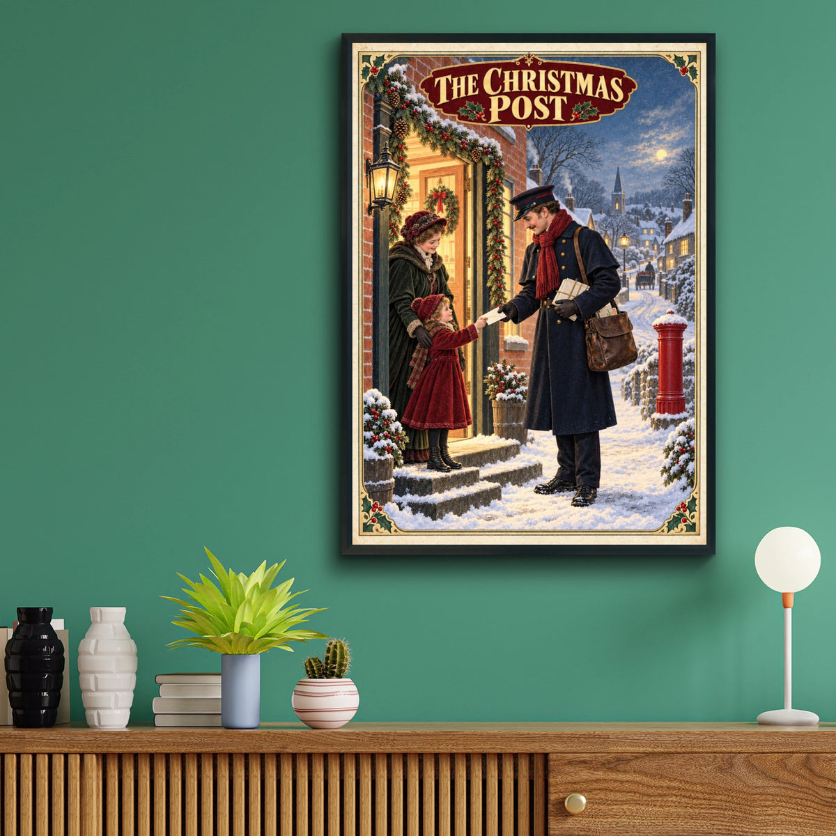 Victorian Christmas Postman Poster, Vintage Snowy Village Wall Art, Festive Holiday Print