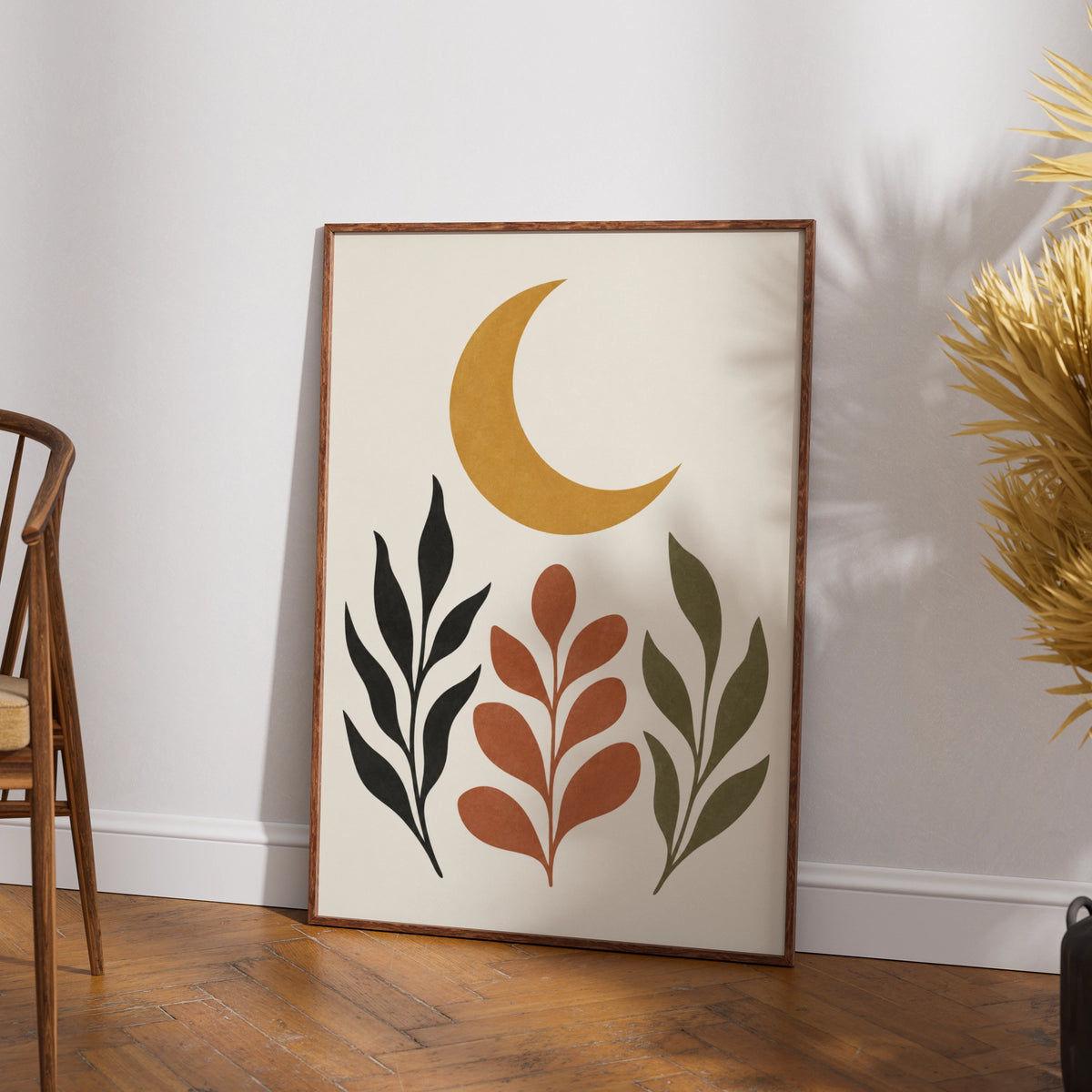 Ochre Moon Garden Botanical Poster, Boho Crescent Moon Wall Art, Terracotta Leaf Print