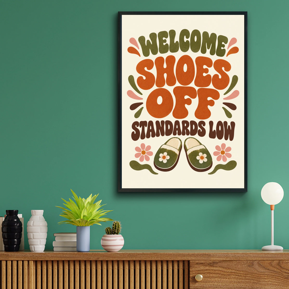 Welcome Shoes Off Standards Low Funny Hallway Print, Retro Home Humour Wall Art