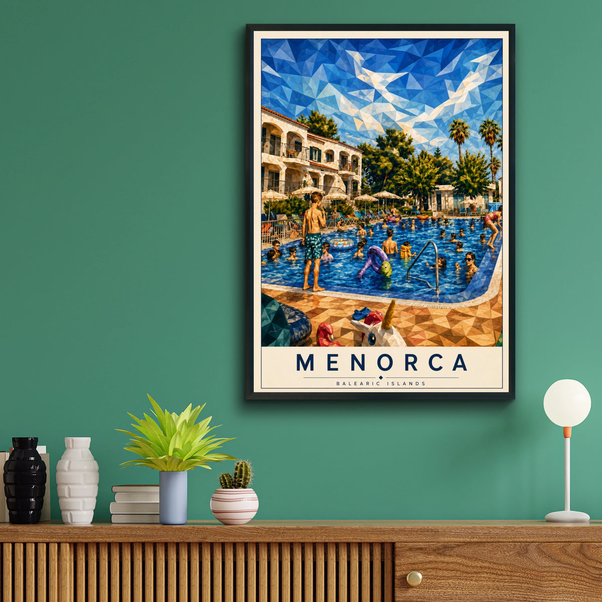 Menorca Travel Poster, Balearic Islands Pool Print, Spain Holiday Wall Art, Geometric Low Poly