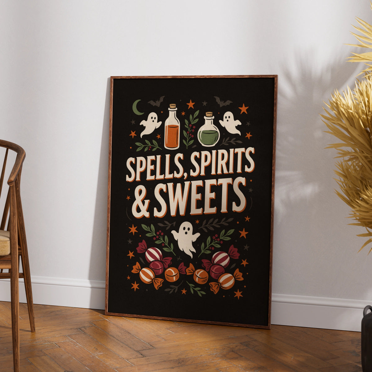 Spells Spirits and Sweets Halloween Poster, Witchy Ghost Wall Art, Dark Retro Print