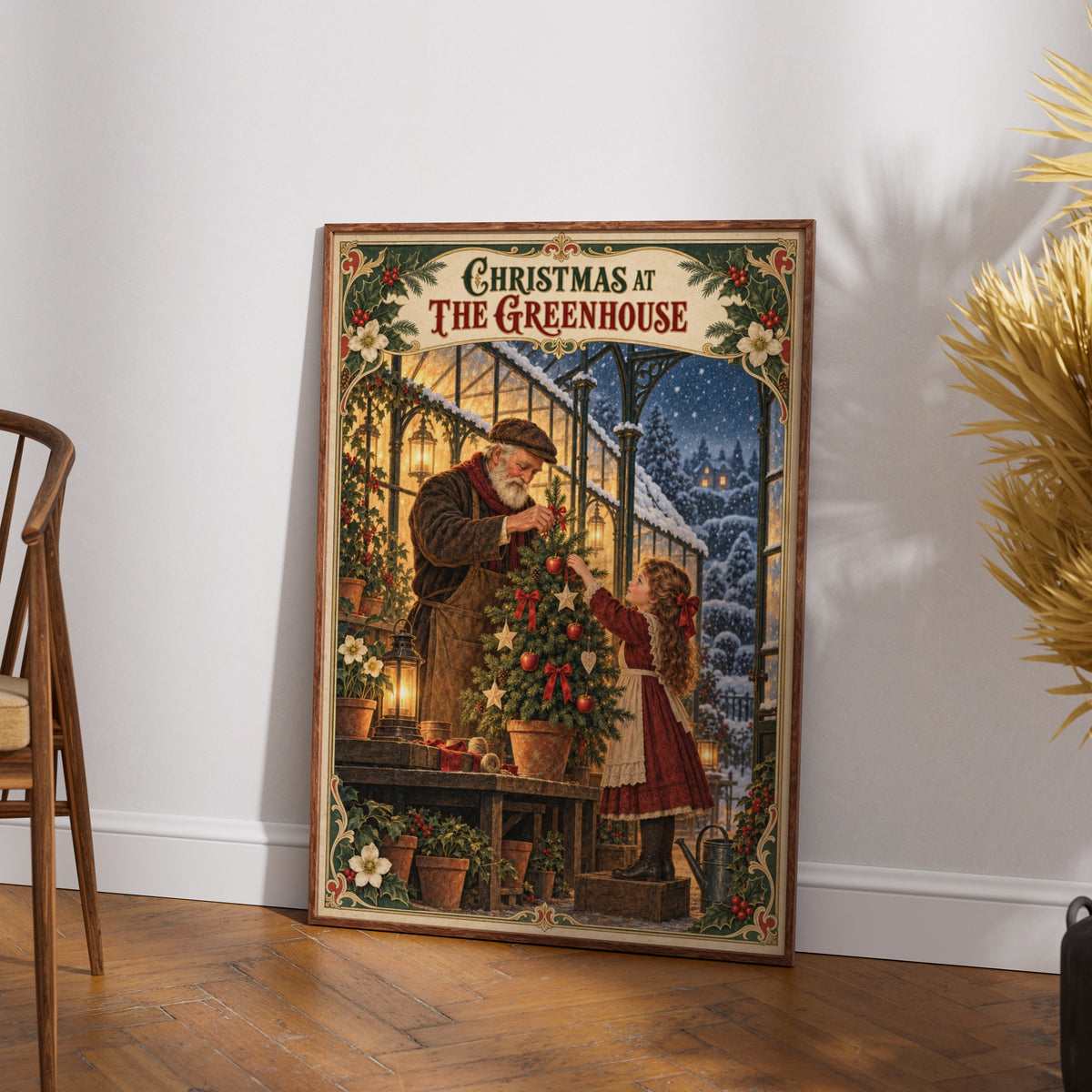 Christmas Greenhouse Vintage Poster, Victorian Holiday Wall Art, Festive Winter Print