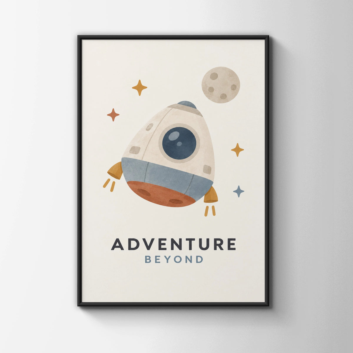 Adventure Beyond Space Rocket Poster, Kids Room Wall Art, Nursery Print, Boho Colours