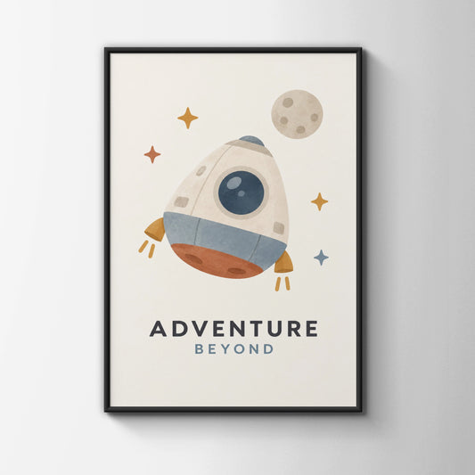 Adventure Beyond Space Rocket Poster, Kids Room Wall Art, Nursery Print, Boho Colours