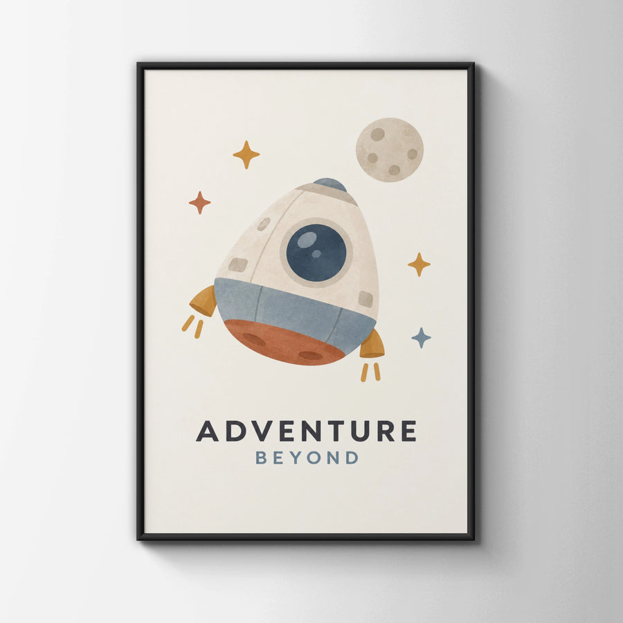 Adventure Beyond Space Rocket Poster, Kids Room Wall Art, Nursery Print, Boho Colours