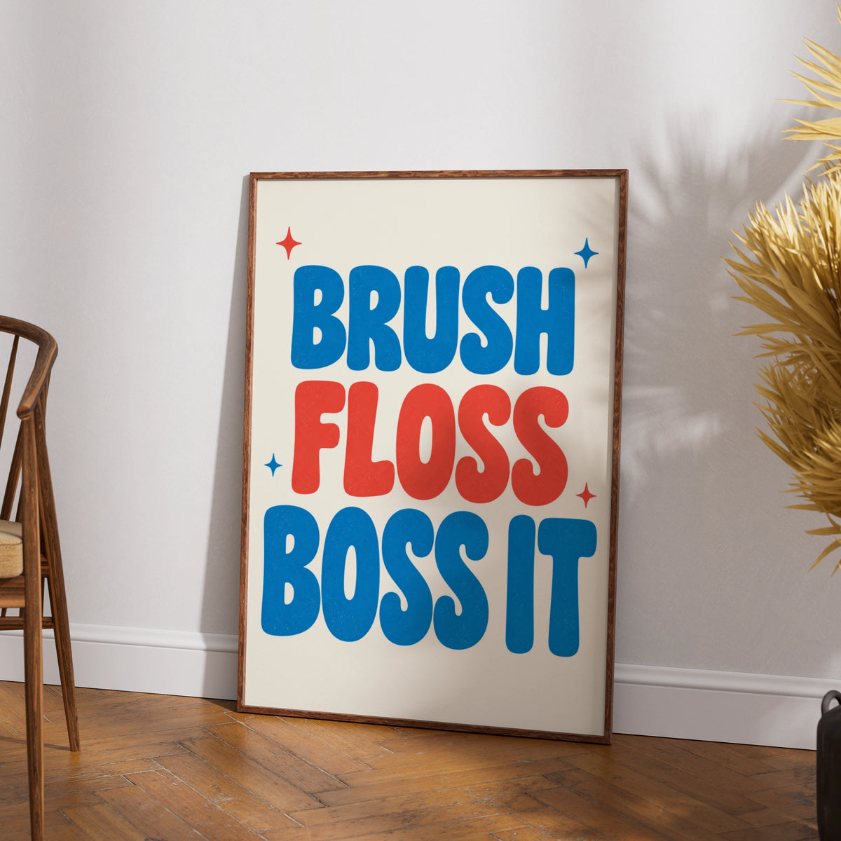 Brush Floss Boss It Bathroom Poster, Funny Dental Wall Art, Kids Retro Print