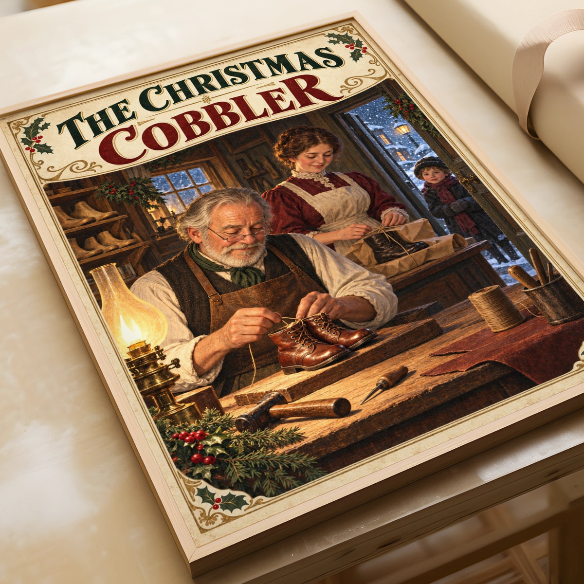 The Christmas Cobbler Vintage Poster, Victorian Holiday Wall Art, Festive Craft Print