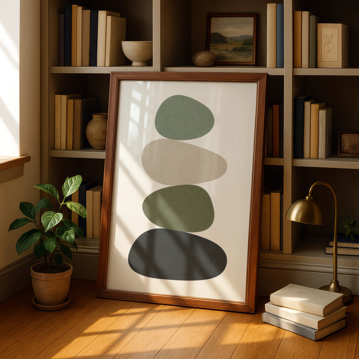 Sage Green Pebble Stack Print, Minimalist Stone Balance Poster, Boho Wall Art