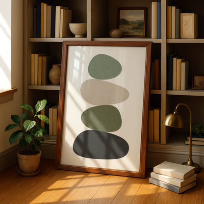 Sage Green Pebble Stack Print, Minimalist Stone Balance Poster, Boho Wall Art