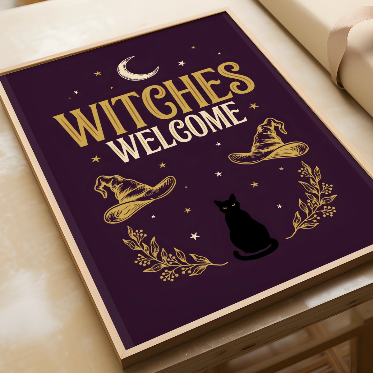 Witches Welcome Poster, Black Cat Moon Wall Art, Gothic Halloween Print, Dark Purple Gold
