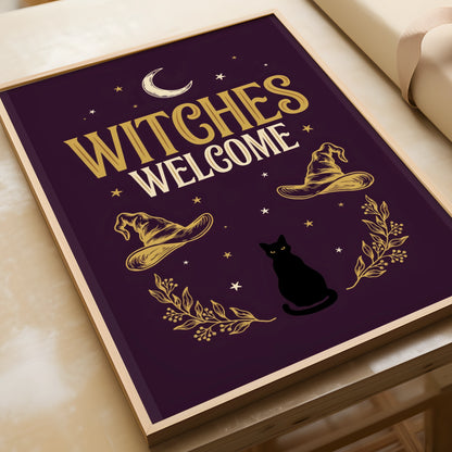 Witches Welcome Poster, Black Cat Moon Wall Art, Gothic Halloween Print, Dark Purple Gold