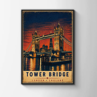 Tower Bridge London Vintage Travel Poster, Retro England Wall Art Print
