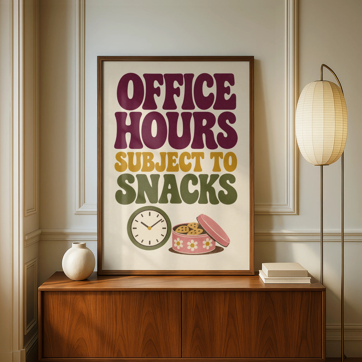Office Hours Subject To Snacks Poster, Funny Work Quote, Retro Home Office Wall Art