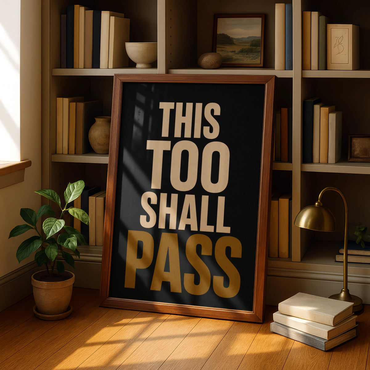 This Too Shall Pass Motivational Quote Poster, Black Gold Typography Wall Art