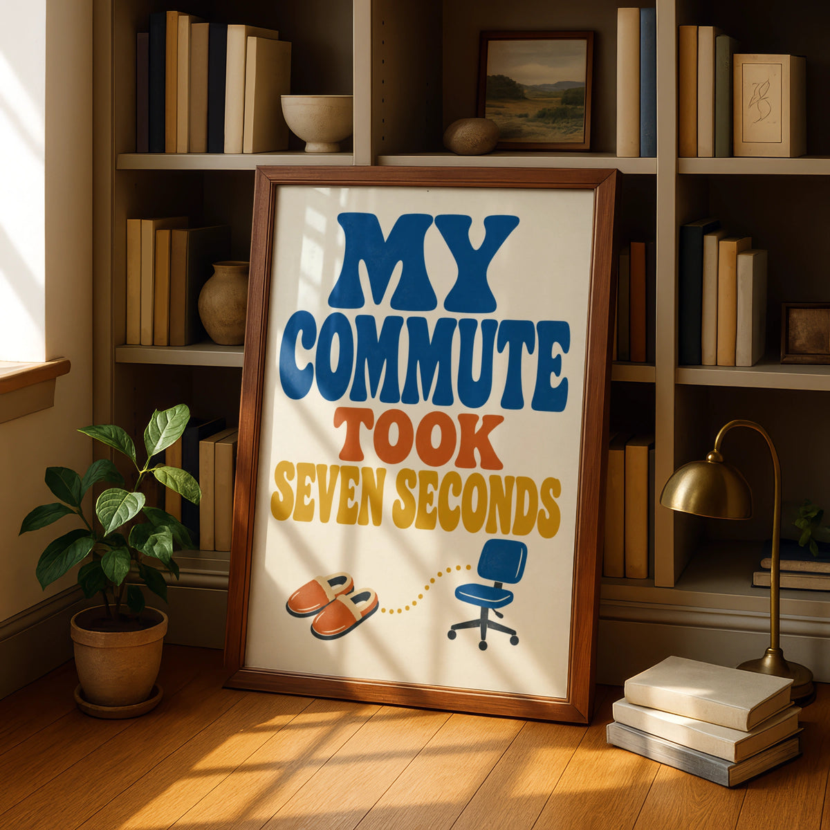 My Commute Took Seven Seconds Poster, Funny Work From Home Wall Art, Retro Typography Print